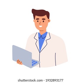 Trabajador profesional de la salud o estudiante de medicina que usa laptop. Feliz doctor sonriente en abrigo. Dibujo gráfico plano de color ilustración vectorial de jóvenes amigables especialistas en uniforme aislados en fondo blanco