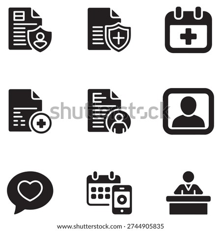 Professional healthcare administration solid icon set featuring medical records, appointment scheduling, prescriptions, and hospital management symbols. Ideal for clinic software, health dashboards, and medical web or mobile applications.
