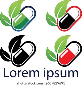 Professional healthcare logo with capsule and leaf graphic. Best for herbal pharmacy, organic medicine, wellness clinic, natural product, healthcare, and medical branding