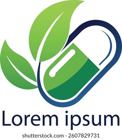 Professional healthcare logo with capsule and leaf graphic. Best for herbal pharmacy, organic medicine, wellness clinic, natural product, healthcare, and medical branding