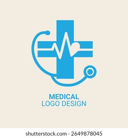 Modelo de logotipo profissional de saúde com um coração com linha de batimento cardíaco sobre um cruzamento médico e estetoscópio. Perfeito para clínicas, hospitais, médicos, centros de diagnóstico ou serviços de telemedicina.