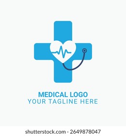 Modelo de logotipo profissional de saúde com um coração com linha de batimento cardíaco sobre um cruzamento médico e estetoscópio. Perfeito para clínicas, hospitais, médicos, centros de diagnóstico ou serviços de telemedicina.