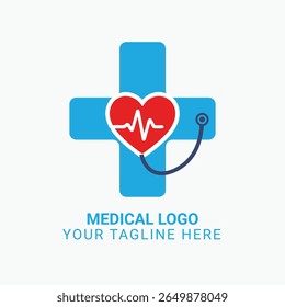 Modelo de logotipo profissional de saúde com um coração com linha de batimento cardíaco sobre um cruzamento médico e estetoscópio. Perfeito para clínicas, hospitais, médicos, centros de diagnóstico ou serviços de telemedicina.