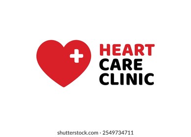 Logotipo de la clínica del cuidado del corazón del Profesional con el corazón rojo y la cruz médica blanca, perfecto para destacar los servicios de la salud del corazón