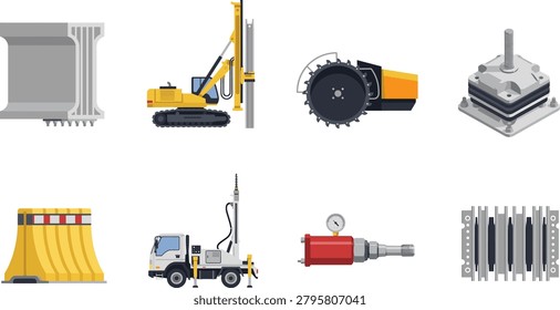 Professional Heavy Construction and Civil Engineering Equipment Vector Icon Set for Infrastructure Bridge and Foundation Projects.
