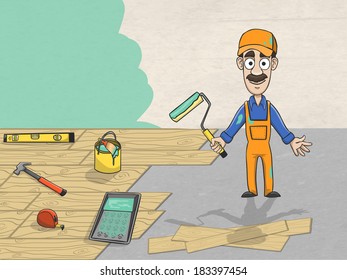 Professional heavy house overhaul renovation worker in helmet with tools painting walls vector illustration