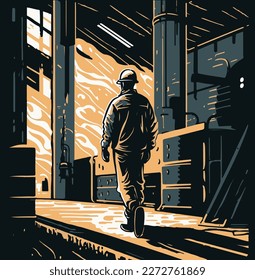 A professional heavy industry worker in a protective uniform and hard hat in an industrial environment. Vector illustration