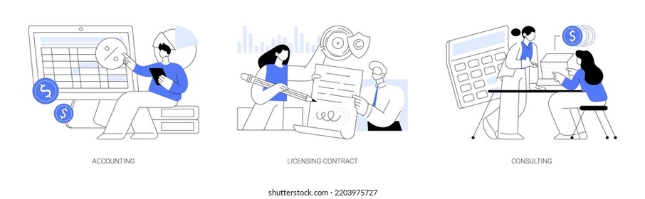 Conjunto de ilustraciones vectoriales de concepto abstracto de ayuda profesional. Contabilidad, contrato de licencia, empresa de consultoría, asesor fiscal, servicio de auditoría, asesoramiento de expertos, derechos de autor de software, metáfora abstracta de acuerdos.