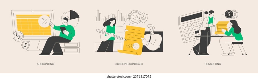 Professional help abstract concept vector illustration set. Accounting, licensing contract, consulting firm, tax advisor, audit service, expert advice, software copyright, agreement abstract metaphor.