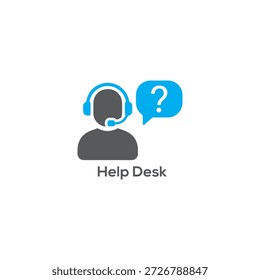 Professionelles Helpdesk-Symbol mit einem grauen Kundendienstmitarbeiter mit blauem Headset und Fragezeichen-Blase.

