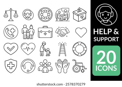 Professional Help and Support Icons - 20 Minimalist Line Art Symbols for Care and Medical Aid