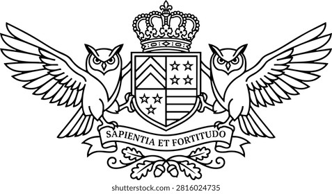 Professional heraldic crest vector illustration featuring owl supporters, a royal crown, and a Latin motto. Ideal for educational institutions, luxury branding, or academic-themed graphic design projects.