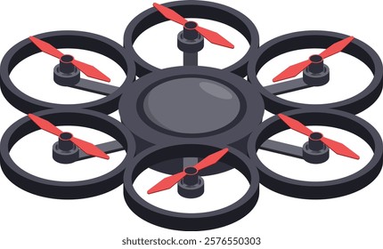 Professional hexacopter drone equipped with six vibrant red propellers flying through the air, conducting aerial surveillance, performing inspections, and capturing stunning photography