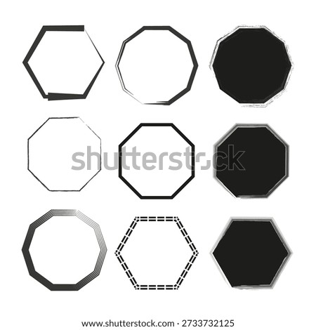 Professional hexagon frame shapes. Professional octagon border icons. Professional Geometric Vector elements. Grunge border set. EPS 10.