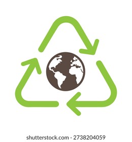 A professional, high-contrast digital icon featuring a vibrant green recycling symbol (Mobius loop) centered around a detailed brown Earth globe. This nature-inspired color palette emphasizes the direct link between circular waste management and global environmental health. The minimalist vector-style graphic is designed for high visibility and clear messaging, making it an ideal asset for corporate sustainability reports, eco-conscious product packaging, community recycling programs, and modern "green" brand identities.