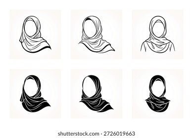 Professionelles Hijab Icon Vektor Set - Elegante muslimische Frau Kopftuch Linie Kunst und Silhouetten