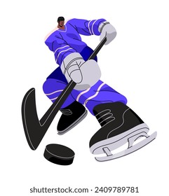 Professional hockey player hits puck with stick. Sportsman in safety uniform skating. Athlete play on ice. Winter sport game. Dynamic motion. Flat isolated vector illustration on white background