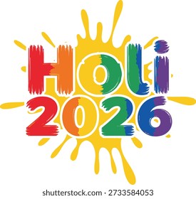 Professional Holi 2026 splash typography t-shirt design vector illustration for indian festival of colors spring celebration joy and creative paint on transparent background.
