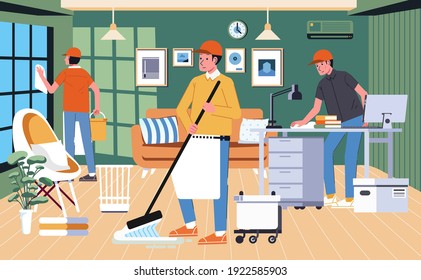 professional home cleaning services, cleaning every part of house, mopping the floor and cleaning the window vector illustration. used for banner, website image and other