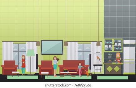 Professional home cleaning services vector concept illustration. Cleaning ladies dusting the furniture. Cleaning business advertising concept. Flat style design.