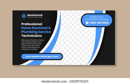 professional home electrical and Plumbing service technicians social media post banner design template. vector illustration with space for photo. combination between blue element and black background.