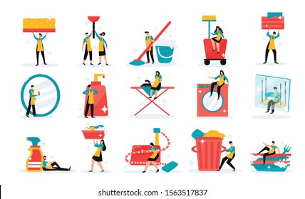 Professional home and industrial cleaning service team tools detergents duties flat funny icons set isolated vector illustration 