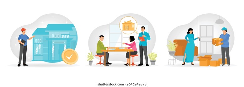 Um inspetor de casa profissional destacando detalhes de um edifício. Os agentes imobiliários e os consumidores analisam as tendências de crescimento da propriedade. Agente imobiliário com consumidor negociando sobre a compra de uma casa.