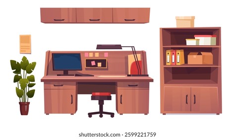 Professional home office setup illustration featuring a desk, chair, plant, and storage unit for a productive workspace in a cozy environment isolated on white background. Office furniture vector set