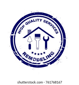 Professional  Home Remodeling.  Stamp Professional  Remodeling with dry rough edges. Silhouette of a house. Set of repair tools on ground background. Flat design. Vector illustration EPS10.