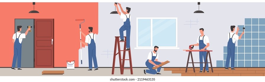 Professional home renovation. Repairman team make living room interior repairs, handyman contractors brigade in apartment, wall painting, horizontal banner vector concept