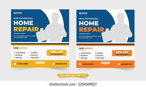 Professional Home Repair And Renovation Service Template Design With Yellow And Orange Colors. House Construction Business Advertising Web Banner Vector. Handyman And Home Repair Service Template.