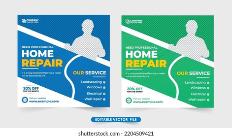 Professional Home Repair Service Template For Social Media Posts. House Renovation And Construction Business Advertising Web Banner Design With Blue And Green Colors. Home Repair Business Poster.