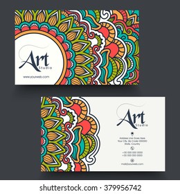 Professional Horizontal Business Card, Name Card Or Visiting Card Set With Colorful Traditional Floral Design.