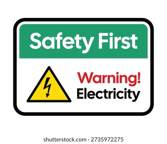 A professional horizontal vector safety sign designed to provide immediate visual notification of electrical hazards. The layout features a prominent green header with 