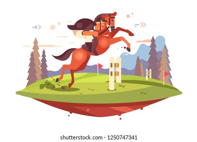 Professional Horseback Riding Vector Illustration. Jockey Boy In Uniform Overcoming Of Obstacles Flat Style Concept. Horse And Man Rider Jumping Hurdles