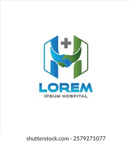 A professional hospital logo featuring a handshake symbolizing trust and care, enclosed within an abstract medical shield.