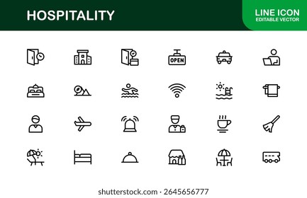 Professional Hospitality Icon Collection with Line Art Symbols for Hotels, Travel, Food Service, Customer Experience, and Tourism
