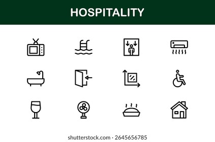 Professional Hospitality Icon Collection with Line Art Symbols for Hotels, Travel, Food Service, Customer Experience, and Tourism
