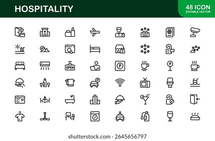 Professional Hospitality Icon Collection with Line Art Symbols for Hotels, Travel, Food Service, Customer Experience, and Tourism