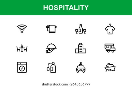 Professional Hospitality Icon Collection with Line Art Symbols for Hotels, Travel, Food Service, Customer Experience, and Tourism