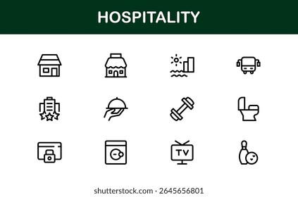 Professional Hospitality Icon Collection with Line Art Symbols for Hotels, Travel, Food Service, Customer Experience, and Tourism