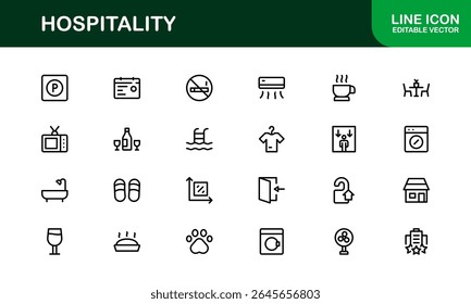 Professional Hospitality Icon Collection with Line Art Symbols for Hotels, Travel, Food Service, Customer Experience, and Tourism
