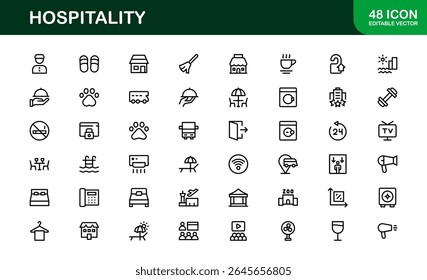 Professional Hospitality Icon Collection with Line Art Symbols for Hotels, Travel, Food Service, Customer Experience, and Tourism