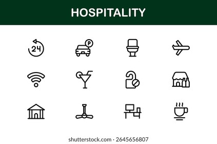 Professional Hospitality Icon Collection with Line Art Symbols for Hotels, Travel, Food Service, Customer Experience, and Tourism