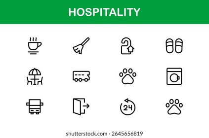 Professional Hospitality Icon Collection with Line Art Symbols for Hotels, Travel, Food Service, Customer Experience, and Tourism