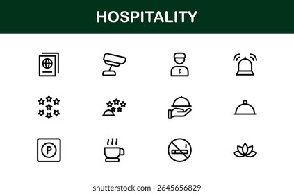 Professional Hospitality Icon Collection with Line Art Symbols for Hotels, Travel, Food Service, Customer Experience, and Tourism