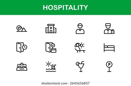 Professional Hospitality Icon Collection with Line Art Symbols for Hotels, Travel, Food Service, Customer Experience, and Tourism