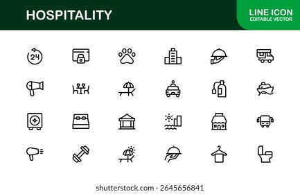 Professional Hospitality Icon Collection with Line Art Symbols for Hotels, Travel, Food Service, Customer Experience, and Tourism