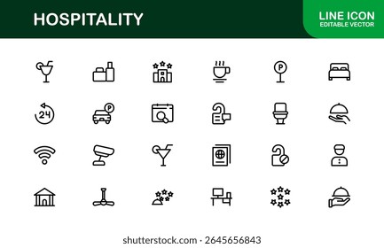 Professional Hospitality Icon Collection with Line Art Symbols for Hotels, Travel, Food Service, Customer Experience, and Tourism
