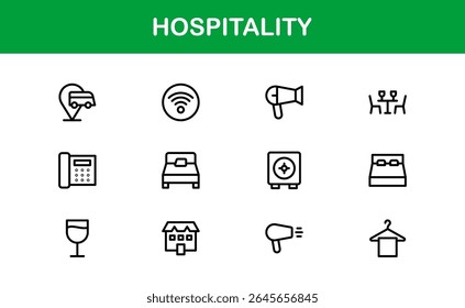 Professional Hospitality Icon Collection with Line Art Symbols for Hotels, Travel, Food Service, Customer Experience, and Tourism